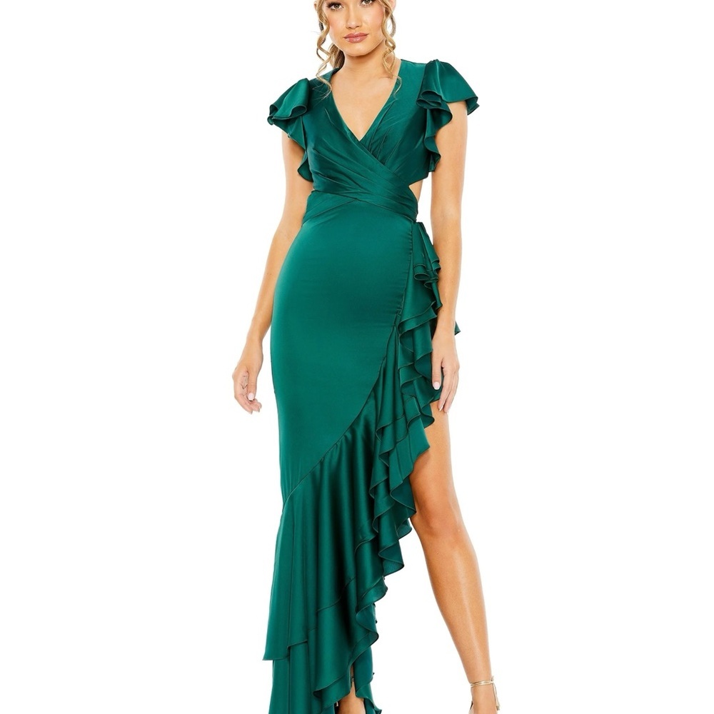 NWT | Mac Duggal | 49529 | Teal Ruffle High Low Asymmetric Dress